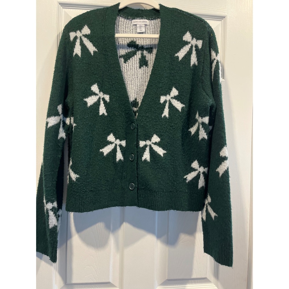 Cupcakes and Cashmere Green Bow Pattern V-Neck Button Front Cardigan Sweater L